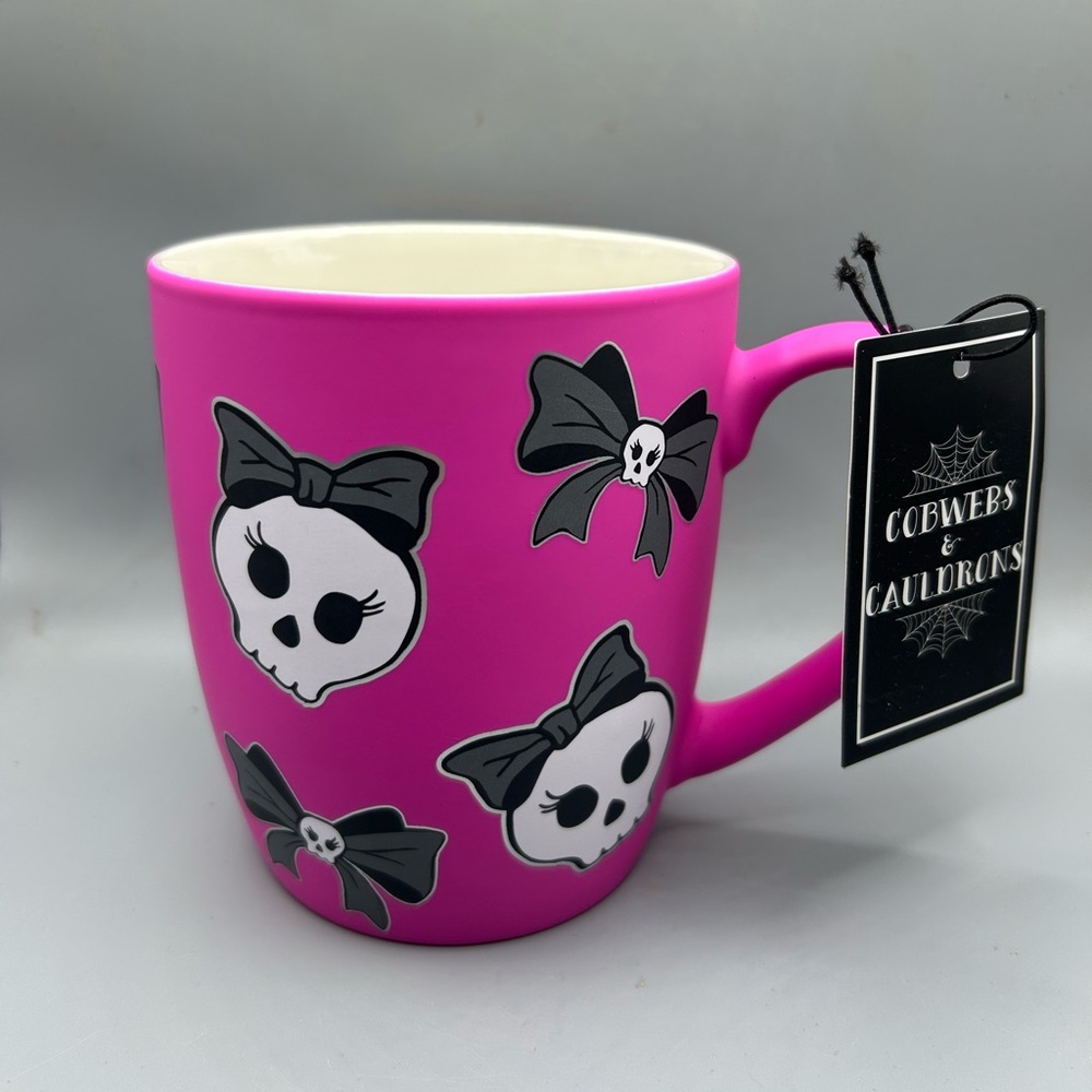 Cobwebs and Cauldrons Hot Pink Skull With Black Bows Soft Touch Mug NEW